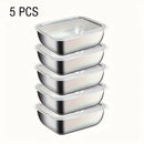 Five stacked rectangular stainless steel food storage containers with clear lids, labeled “5PCS” in the top left corner, are shown on a white background. The Lovely Home Icon 5PCS Stainless Steel Food Storage Containers are a stackable and reusable kitchen storage solution—ideal for eco-friendly meal prep, keeping your fridge organized and your food fresh at home or on the go.