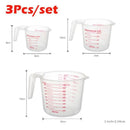 Set of three clear plastic measuring cups (250ml, 500ml, and 1000ml) from Lovely Home Icon, each with bold red PVC scale markings and labeled width and height dimensions. Bold red “3Pcs/set” text appears at the top. An easy inches-to-centimeters conversion chart is included, making these kitchen baking tools ideal for all your measuring needs.