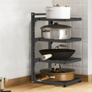 A black metal “Lovely Home Icon” Kitchen Sink Storage Rack Multi-Layer Cooker Storage Rack for Home Stovetop Cabinets, featuring four adjustable shelves designed for easy assembly, is displayed in a kitchen with white tiled walls and wooden flooring. The rack efficiently holds a white pot, a large stainless steel pot, a black wok with a wooden handle, and a brown frying pan. Its installation method—popular in Mainland China—expertly combines functionality and modern style.