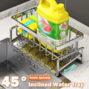 A Lovely Home Icon Sink Cleaning Tools Storage Rack sits on a 45° inclined water tray above the sink, functioning as a multifunctional stainless steel organizer for sponges, cleansers, and rags that allows quick drainage directly into the sink. Text on the image reads: “Drain Quickly 45° Inclined Water Tray.”.