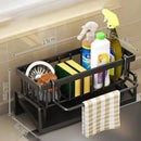 The Multifunctional Sponge Draining Rack – Kitchen Cloth & Dishwashing Liquid Storage from Lovely Home Icon keeps your cleaning supplies, sponges, and cloths neatly organized in the kitchen or bathroom. With waterproof construction and a convenient front bar for hanging a striped towel, this durable organizer measures 23cm in length, 9cm in width, and 10.7cm in height—ideal for anyone seeking stylish and practical sink or countertop storage solutions.