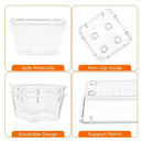 Four images of the Lovely Home Icon 10-Piece Versatile Drawer Organizer Set highlight its safe, clear plastic construction, non-slip interior, stackable design, and sturdy support points—all labeled in orange text boxes. With four convenient sizes of trays and dividers, this organizer is perfect for keeping your makeup or kitchen items neatly arranged and easy to find.