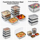 Collage showcasing Lovely Home Icon’s 5PCS Stainless Steel Food Storage Containers Stackable Meal Prep Lunch Boxes, filled with foods like pasta, fruit, salad, and snacks. Containers are shown stacked and individually, each topped with a clear plastic lid. Text highlights their durable, food-grade stainless steel construction—safe and perfect for eco-friendly kitchen storage at home or on the go.
