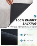 A hand lifts the edge of the Lovely Home Icon Coffee Machine Mat, revealing its textured black rubber backing. Text highlights key features with checkmarks and close-up detail: 100% rubber backing, anti-skid, waterproof, and leak-proof—ideal as a water-absorbent dish drying pad, drainage mat for your kitchen worktop, or stylish modern home decor.