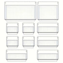 A 10-piece Lovely Home Icon Versatile Drawer Organizer Set, featuring clear plastic trays and dividers in four different sizes, is arranged in three rows on a white background. Each rectangular bin in this organizer set includes small holes on the base.