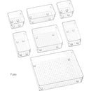 Ten clear plastic trays from the Lovely Home Icon 10-Piece Versatile Drawer Organizer Set are arranged on a white background. This set includes rectangular and square organizers in four sizes, each featuring small holes at the bottom—ideal for keeping makeup, kitchen items, or any space neatly organized. Text reads 10 pcs.