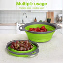 Two green and gray Silicone vegetable and fruit cleaning and drainage basket cleaning baskets by Lovely Home Icon are shown on a kitchen counter, filled with grapes. Designed as convenient folding water filter nets, these kitchen gadgets appear in two different sizes to demonstrate their expandable and collapsible design. Text reads: Multiple usage: Variable plate - variable bowl.