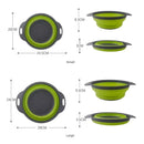 Introducing the Lovely Home Icon Silicone Vegetable and Fruit Cleaning and Drainage Basket—an innovative folding water filter net designed for efficient kitchen use. Shown in both small and large sizes, this set features two green collapsible baskets crafted from durable silicone, highlighted from top and side views with clear measurements of their diameters and heights when collapsed or expanded. These convenient kitchen gadgets are perfect for saving space while ensuring effective draining of vegetables