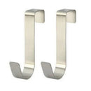 Introducing the Lovely Home Icon Multi-Purpose Hooks: a pair of stainless steel over-the-door hanging racks with a brushed finish. Each hook features an upside-down J shape, ideal for organizing clothes, coats, hats, towels, or accessories by hanging them over kitchen cabinet doors or any door throughout your home. These space-saving bathroom accessories provide versatile storage solutions in every room.