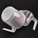 Three clear plastic “Lovely Home Icon” measuring cups (250ml, 500ml, and 1000ml) with red PVC scale markings are displayed on their sides against a black background. Each kitchen baking beaker features an easy-grip handle and a convenient pouring spout.