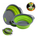 Two collapsible green and gray Silicone vegetable and fruit cleaning and drainage basket cleaning baskets from Lovely Home Icon are shown—one expanded, one collapsed. Small inset images highlight their use as a foldable kitchen water filter net for draining food, as well as their compact storage as a space-saving silicone strainer.