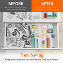 On the left, a drawer appears messy and cluttered, while on the right, it is neatly organized using the Lovely Home Icon 10-Piece Versatile Drawer Organizer Set—featuring clear plastic trays and dividers in four sizes—showcasing how this organizer set creates perfectly tidy makeup or kitchen storage for fast and easy access to your items.