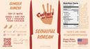 A label for Culture Hot Sauce Seoulful Korean by Culture Hot Sauce, featuring a hand logo, nutrition facts, QR code, pairing suggestions, ingredient list, company information, and icons. This bold Korean hot sauce is crafted with fermented ginger kimchi for rich flavor and depth. The design uses beige, red, and brown colors.
