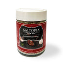 The 4oz SALTOPIA Infused Sea Salts Salt, Pepper & Garlic blend comes in a jar with a white lid and red label, featuring peppercorns, salt, and garlic—an everyday gourmet seasoning to elevate any dish.