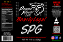 Front label of Pawpa Flavor Bearly Legal SPG by Pawpa Flavor LLC, featuring a bear logo, product information, nutrition facts, social media icons, a QR code, and the phrase “Flavor so good it should be outlawed.” This no sugar seasoning delivers bold Texas-style BBQ flavor in every sprinkle.