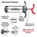 The SpitJack SQUIRT 50 Meat Injector Kit with Case and Two Needles features a 50ml barrel, stainless steel cap, and push rod. It displays the two included needle types—ideal for BBQ injection—and highlights advanced features along with the availability of replacement parts.