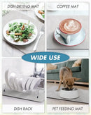 A collage displays the Lovely Home Icon Coffee Machine Mat Rubber Backing Water-Absorbent Dish Drying Pad being used as a dish drying mat, coffee machine mat, dish rack pad, and pet feeding mat with a dog eating—demonstrating its versatile functionality. Combining modern style with practical design, this multi-purpose home decor accessory enhances any kitchen or dining space.