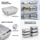 Collage featuring Lovely Home Icon’s 5PCS Stainless Steel Food Storage Containers Stackable Meal Prep Lunch Boxes, shown in multiple sizes with lids, inside and outside of a fridge. Made from food-grade stainless steel, these leak-proof and airtight containers are easy to clean and feature humidity control. The complete 5-piece set provides an eco-friendly kitchen storage solution—perfect for travel, meal prep, or everyday use.