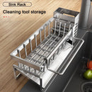 The Lovely Home Icon Sink Cleaning Tools Storage Rack is a multifunctional stainless steel drain rack designed for your kitchen. Placed next to the sink, it features multiple compartments and bars to neatly organize sponges, brushes, dish soap, and cloths. This durable organizer keeps your cleaning essentials tidy and easily accessible.