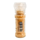 A clear plastic grinder labeled "Powerful Pepper Pepper Salt Grinder" from the Powerful Pepper Company is filled with coarse orange-brown chili salt. A barcode and partial ingredient list are visible on the side of the bottle. Topped with a transparent grinder cap, this artisan-crafted seasoning is perfect for adding a touch of heat to your favorite dishes.