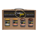 A Gourmet Carolina Gold BBQ Sauce Gift Sampler in a cardboard box containing four bottles, including Classic, Spicy, All American, and Hot Vinegar varieties.