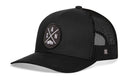 The Haka Hat San Antonio Trucker Hat features black mesh with a front patch showing S, A, N, X and a house graphic. This SAN X snapback by Haka Hat blends comfort and city pride in a stylish accessory.