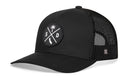 The Haka Hat San Diego Trucker Hat | Black SD X Snapback by Haka Hat features a mesh back and a round embroidered SD X patch with a palm tree, S and D letters, and a California silhouette on the front.