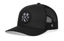 The Haka Hat San Francisco Trucker Hat in black features a mesh back and a round front patch with crossed lines, S and F letters, the Golden Gate Bridge, and California's outline. Brand: Haka Hat. Model: SF X Snapback.