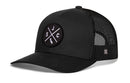 The Haka Hat San Jose Trucker Hat | Black SJC X Snapback features a mesh back and an embroidered patch with crossed lines, the letters S, J, C, and a California outline. Part of the HAKA signature 5.0 collection.