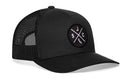 The Haka Hat San Jose Trucker Hat is a black mesh snapback featuring a round SJC X patch with the letters S, J, and C over a California outline. Part of the HAKA signature 5.0 collection.