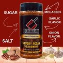 Butcher BBQ savory pecan seasoning bottle with flavor ingredients listed on a red background
