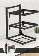 Certainly! Here’s the rewritten sentence using your provided product data: The Lovely Home Icon Kitchen Sink Storage Rack Multi-Layer Cooker Storage Rack For Home Stovetop Cabinets is a black, adjustable three-tier metal rack, mounted on a marble wall for easy installation and displayed on a countertop next to a small potted plant; an inset image features a red arrow highlighting its adjustable pot rack design for simple assembly.