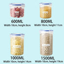 Four clear Plastic Sealed Tank Large Capacity Crisper containers from Lovely Home Icon—perfect for organizing your kitchen—are labeled with capacities of 600ml, 800ml, 1000ml, and 1500ml and filled with food items. Each airtight storage box displays its height and width measurements in centimeters against a light blue background.