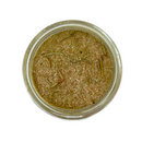 Top-down view of SCARBOROUGH FAIR Rosemary Salt by SALTOPIA Infused Sea Salts—a glass jar filled with coarse, light brown salt and herb blend, showing visible grains and dried herbs—ideal for savory dishes, on a white background.