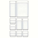 Ten clear plastic organizers from the Lovely Home Icon 10-Piece Versatile Drawer Organizer Set are neatly arranged in a grid. Each tray features small bottom holes for ventilation, making this set of four different sizes perfect for organizing drawers in a practical and efficient way.