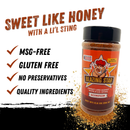 A bottle of Blazing Star BBQ’s Scorpion Rub and Seasoning is displayed on a white background, with checkmarks highlighting that it is MSG-free, gluten free, contains no preservatives, and uses quality ingredients. This sweet and spicy blend delivers a uniquely flavorful kick from the bold heat of Trinidad Moruga Scorpion pepper.