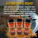 Three bottles of Blazing Star BBQ’s Blazing Star Scorpion Rub and Seasoning are displayed against a spicy, fiery background, with bold text highlighting its sweet heat flavor—sweet like honey with a premium kick from Trinidad Moruga Scorpion pepper—making it perfect for adding bold taste to a variety of foods.