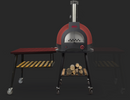 A red and black Infinity 50 outdoor pizza oven on wheels, featuring a wood storage shelf underneath and flanked by two WPPO LLC Direct Infinity Side Table Long Side 103cm units with slatted shelves, both attached to the oven. Logs are stored on the bottom shelf.