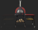 A red and black outdoor pizza oven on wheels with a chimney, wooden logs stored underneath, and a WPPO Infinity Side Table Short Side 75cm by WPPO LLC Direct as a wooden side shelf on both sides, designed to fit the Infinity 50 and 66 models.