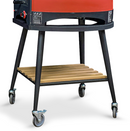 The WPPO LLC Direct WPPO Infinity Wheeled Trolley for 66 stands on four black metal legs with wheels, providing a sturdy and mobile oven stand. Beneath the oven body, a slatted wooden shelf offers convenient storage. The trolley is shown against a plain white background.