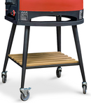 A close-up of a barbecue grill on the WPPO LLC Direct WPPO Infinity Wheeled Trolley for 50, featuring a sleek black metal cart with four wheels for enhanced kitchen mobility and a wooden slatted shelf underneath.