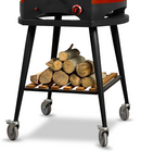 A stack of firewood is neatly arranged on a wooden shelf beneath the WPPO LLC Direct Infinity Wheeled Trolley for 50—a black metal grill with four legs, each equipped with caster wheels for convenient kitchen mobility.