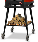 A close-up of the WPPO LLC Direct WPPO Infinity Wheeled Trolley for 66, a black outdoor grill or oven trolley featuring a lower shelf stocked with stacked firewood and supported by four legs with caster wheels.