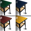 Four WPPO Infinity Side Table Long Side 103cm tables by WPPO LLC Direct are displayed, each featuring a tiled surface in green, navy blue, maroon, and yellow. All tables are equipped with black legs, a wooden lower shelf, and wheels. Each table is shown supporting an Infinity 50 oven and is positioned identically in its own quadrant.