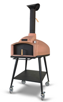 The WPPO LLC Direct Red Rock 100 is a freestanding outdoor wood fired stone oven designed for baking bread, not pizza. Featuring a chimney, temperature gauge, convenient handle, and a lower storage shelf, this versatile oven sits on four caster wheels for easy mobility. The WPPO Wood Fired Stone Oven is shown isolated on a white background.