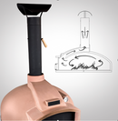 The WPPO Wood Fired, Stone Oven for Bread not Pizza! Red Rock 100 by WPPO LLC Direct is pictured with a chimney alongside a diagram that illustrates airflow and smoke direction, emphasizing how heat circulates within the oven.