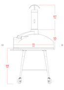 Technical line drawing of the WPPO Wood Fired, Stone Oven for Bread not Pizza! Red Rock 100 by WPPO LLC Direct on a wheeled stand. Red dimensions indicate: 67cm chimney height, 55cm dome height, 111cm width, and 98cm from ground to oven base—ideal measurements for this versatile bread oven.