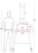 Line drawing of a man standing next to a WPPO Wood Fired, Stone Oven for Bread not Pizza! Red Rock 100 by WPPO LLC Direct, both labeled with dimensions in centimeters: man is 180 cm tall, oven is 217 cm tall, door is 44 cm wide and 23.5 cm high, and oven is 100 cm wide.
