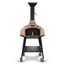The WPPO LLC Direct Wood Fired Stone Oven for Bread not Pizza!, Red Rock 100, is a freestanding outdoor oven equipped with a chimney, thermometer, black legs, wooden handles, and four caster wheels—ideal as a versatile bread oven. This stone oven by WPPO LLC Direct is shown against a white background.