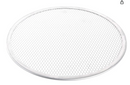 A round, silver WPPO Aluminum Seamless Pizza Screen from WPPO LLC Direct, crafted from durable aluminum mesh with a thin, solid outer rim, is shown on a white background. Available in 12-inch and 14-inch sizes, this lightweight design ensures even heat circulation for perfectly baked pizzas every time.